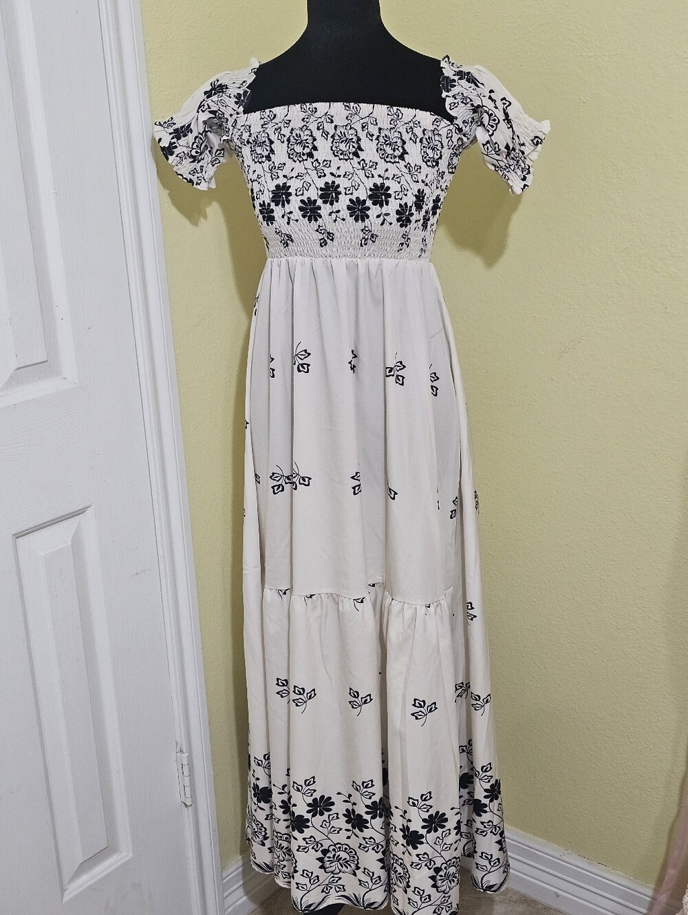 Bohemian Black & White Floral Off-Shoulder Maxi Dress
